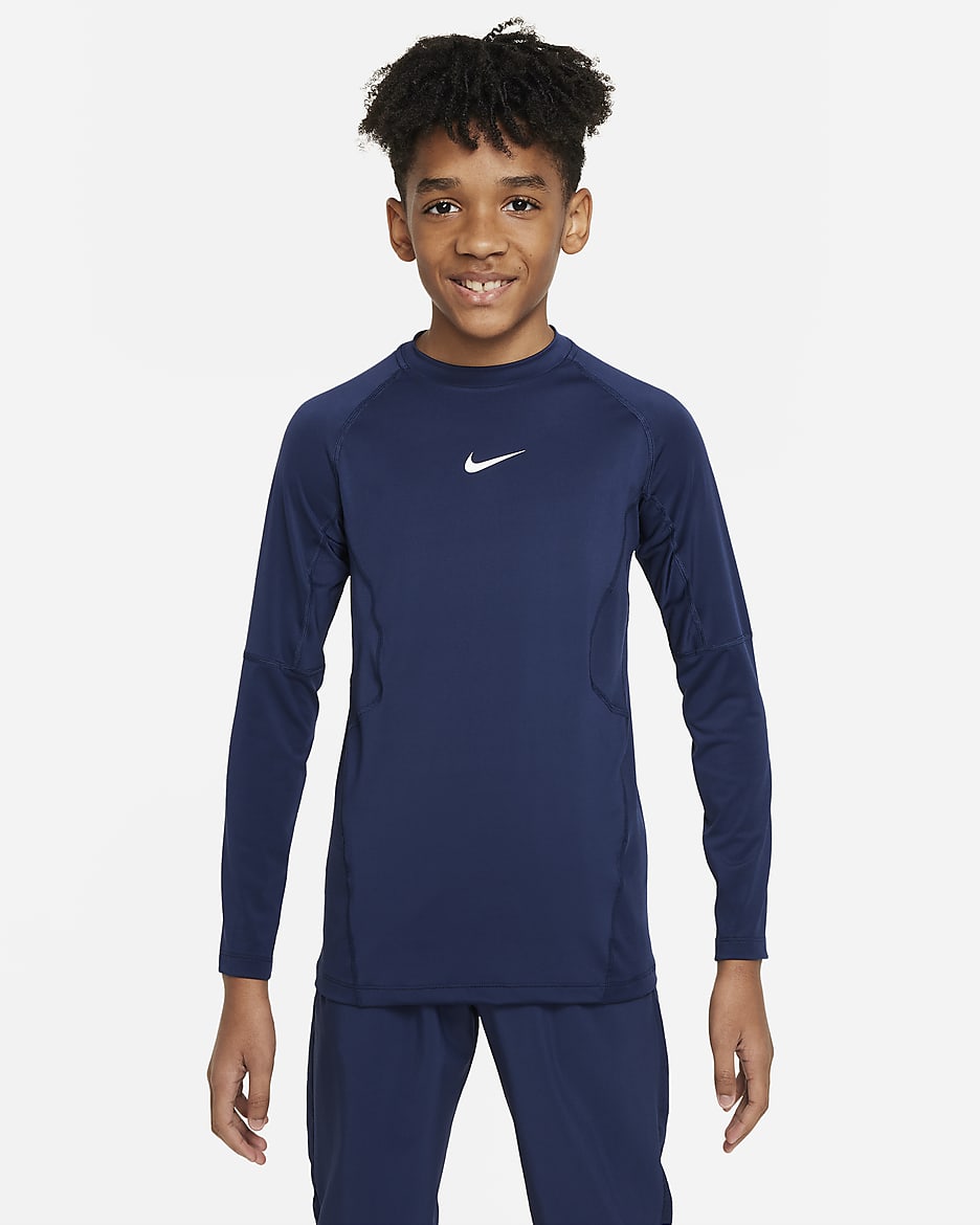 Playera de manga larga Dri-FIT para niño talla grande Nike Pro - Azul marino medianoche/Blanco