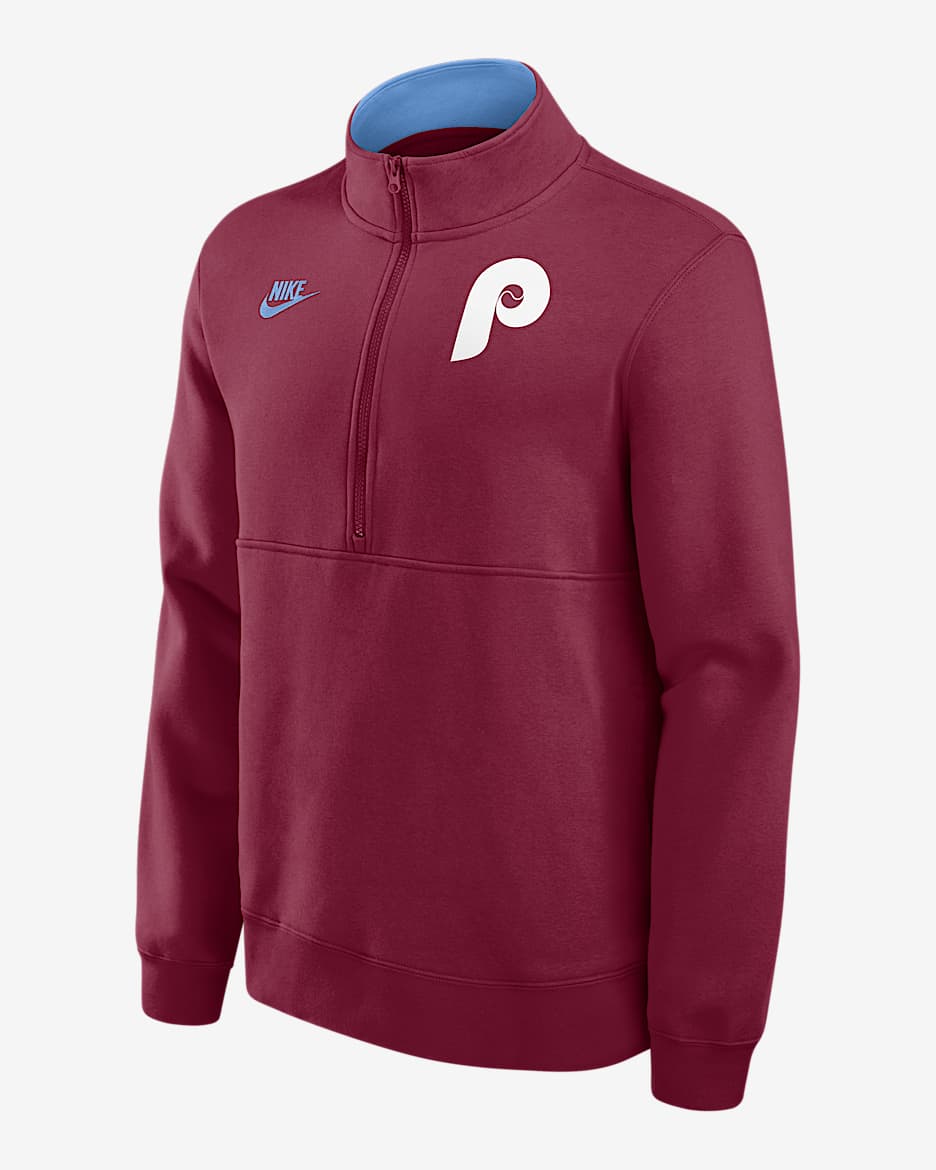 Sudadera de cuello redondo Nike de la MLB de medio cierre para hombre Philadelphia Phillies Cooperstown - Castaña