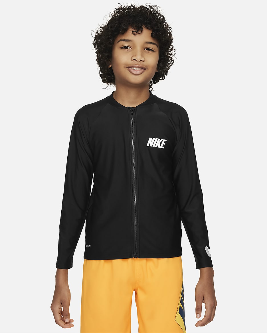Playera de manga larga con cierre Hydroguard para niño talla grande Nike Swim 3-D Swoosh - Negro