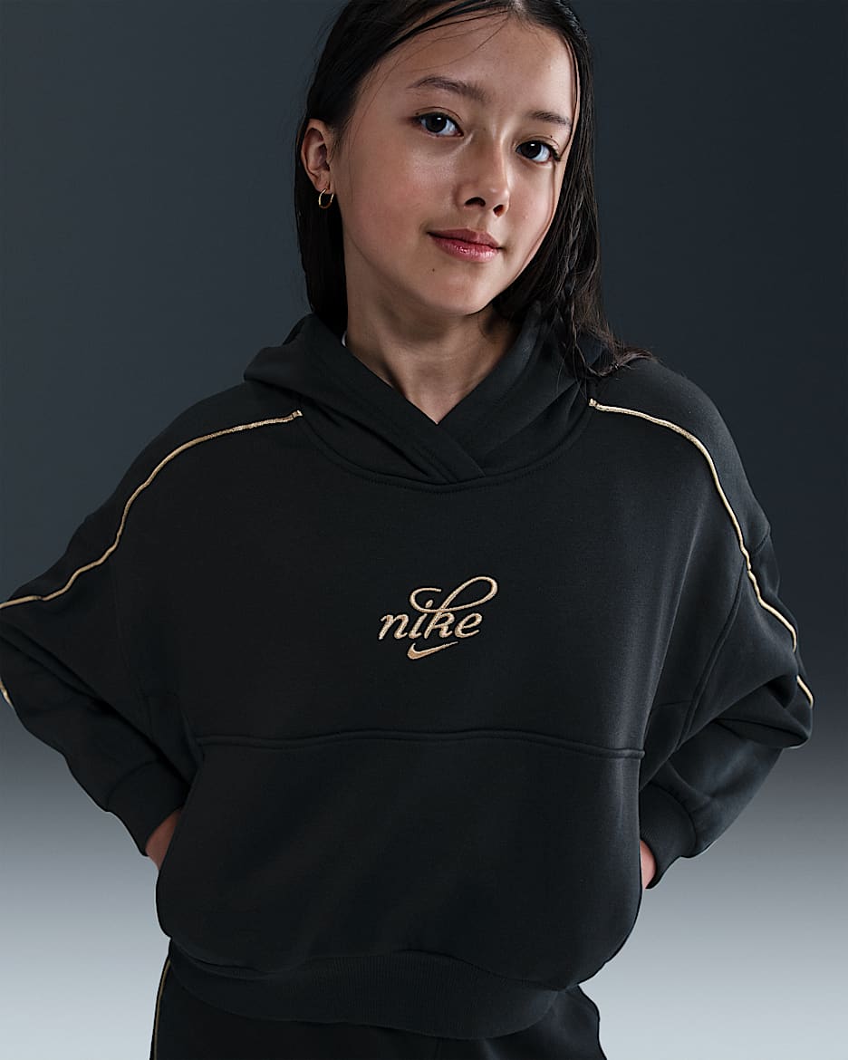 Nike Sportswear Club Fleece Boxy huvtröja för ungdom (tjejer) - Svart/Metallic Gold