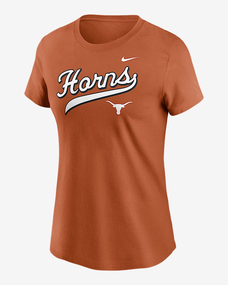 Playera universitaria Nike para mujer Texas Athletic Prep Arch Local Script - Naranja
