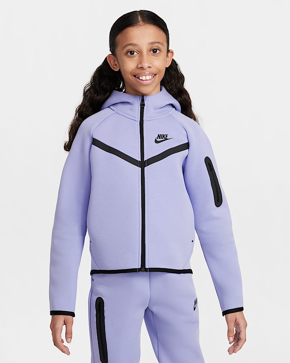 Nike Sportswear Tech Fleece-Hoodie mit durchgehendem Reißverschluss (Mädchen) - Lilac Ice/Schwarz/Schwarz
