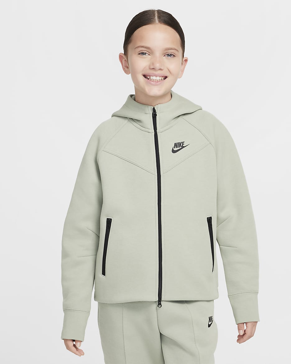 Nike Sportswear Tech Fleece-hættetrøje med lynlås til større børn (piger) - Jade Horizon/sort/sort