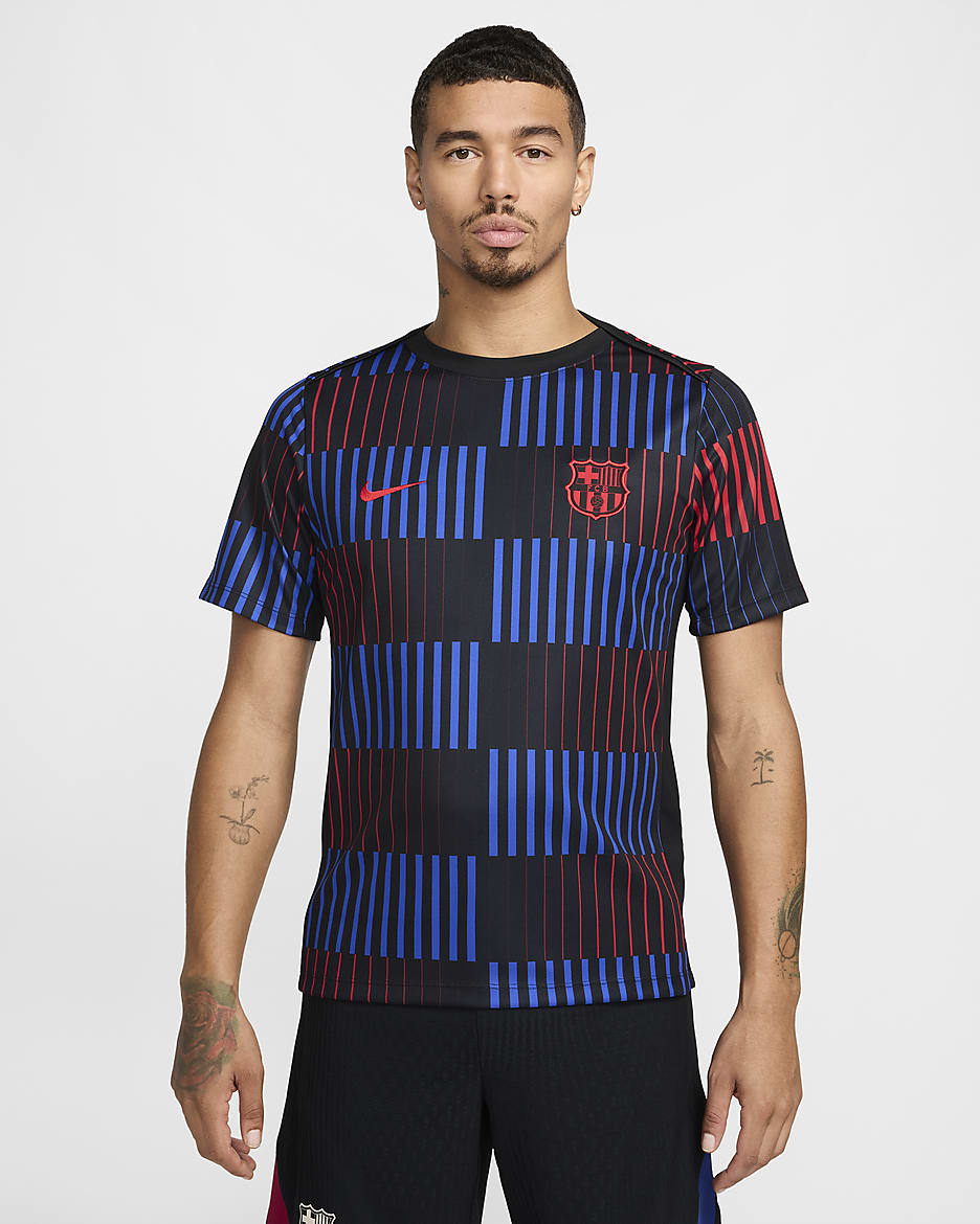 FC Barcelona Academy Pro Away Nike Dri-FIT Pre-Match Kurzarm-Fußballoberteil (Herren) - Schwarz/Schwarz/University Red