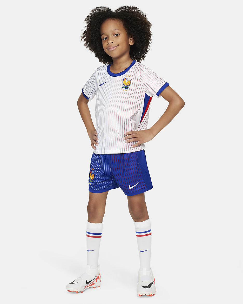 FFF 2024/25 Stadium Away Younger Kids' Nike Football Replica 3-Piece Kit - White/Bright Blue/University Red/Bright Blue