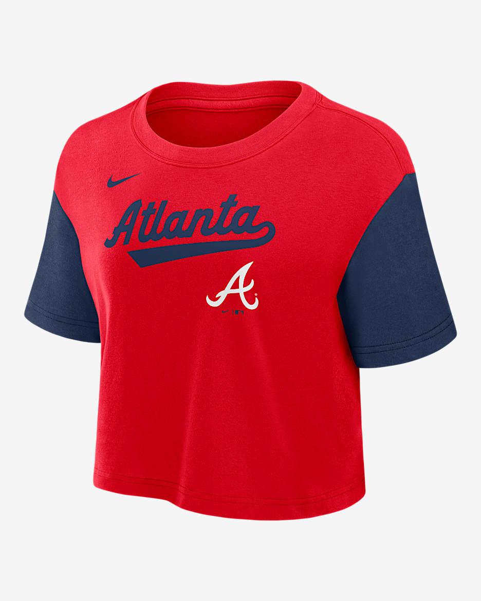 Atlanta Braves Script Playera Nike Dri-FIT de la MLB cropped para mujer - Rojo