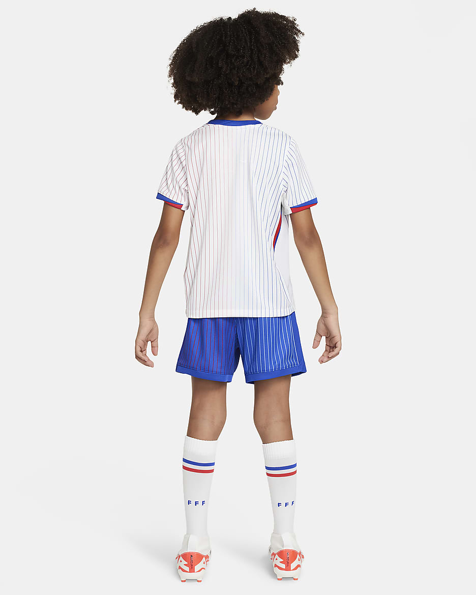 Divisa da calcio replica in 3 pezzi Nike FFF 2024/25 Stadium per bambino/a – Away - Bianco/Bright Blue/University Red/Bright Blue