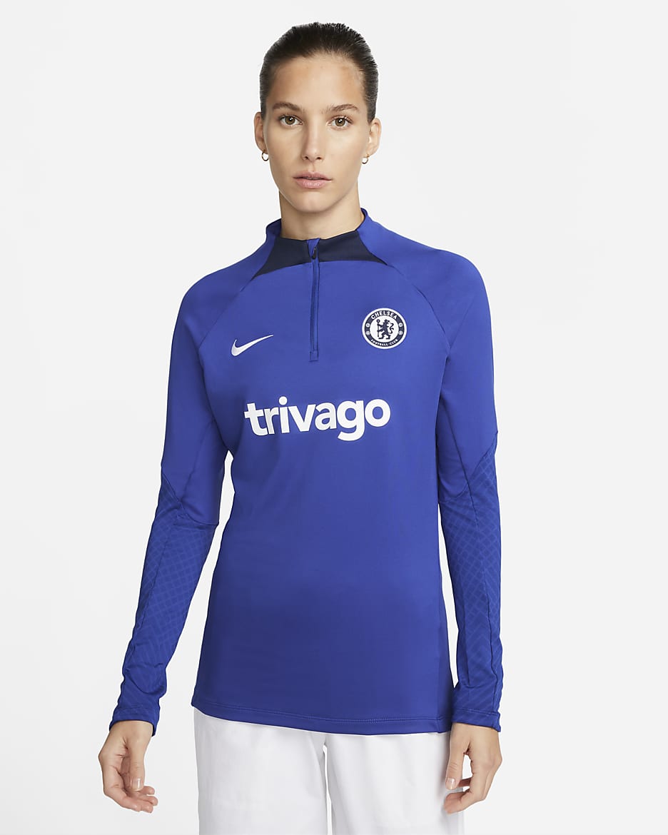 Camiseta de entrenamiento de fútbol Nike Dri-FIT para mujer Chelsea FC Strike - Azul enérgico/Azul marino universitario/Blanco