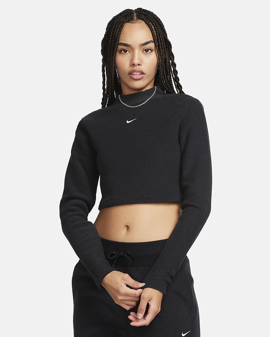 Nike Sportswear Phoenix Plush verkürztes Longsleeve Fleece-Oberteil mit Stehkragen für Damen - Schwarz/Sail