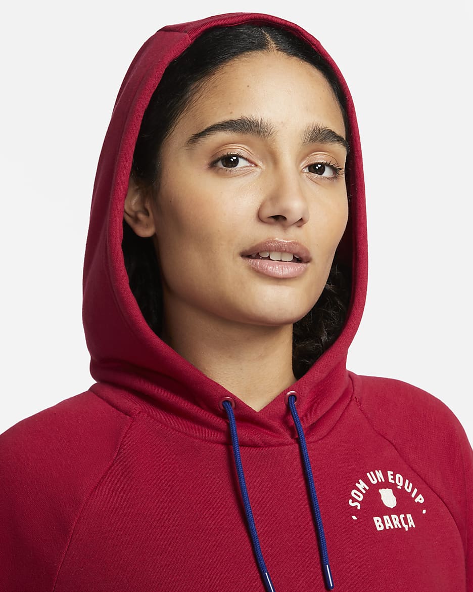 Sudadera con gorro sin cierre de tejido Fleece para mujer Nike FC Barcelona Essential - Rojo noble/Azul royal intenso/Marfil pálido