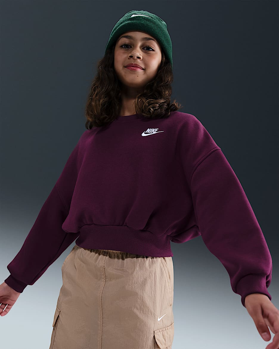 Nike Sportswear Club Fleece Girls' Boxy Crew-Neck Sweatshirt - Bordeaux/White