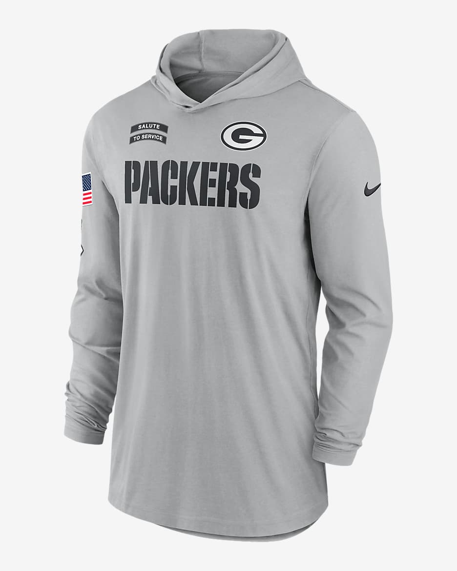 Green Bay Packers Salute to Service Edge Mascot Lockup Men’s Nike Dri-FIT NFL Long-Sleeve Hooded Top - Flat Silver