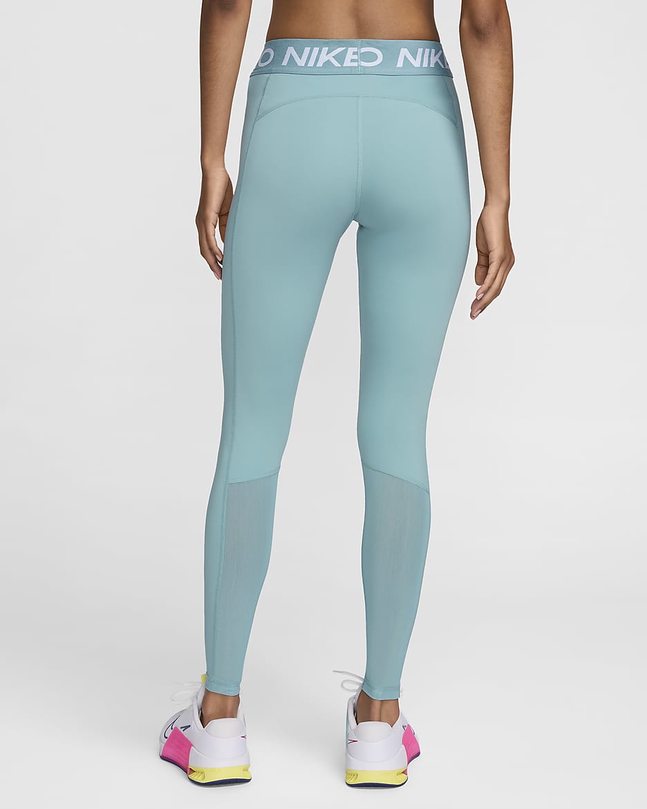 Nike Pro Women's Mid-Rise Mesh-Panelled Leggings - Denim Turquoise/White