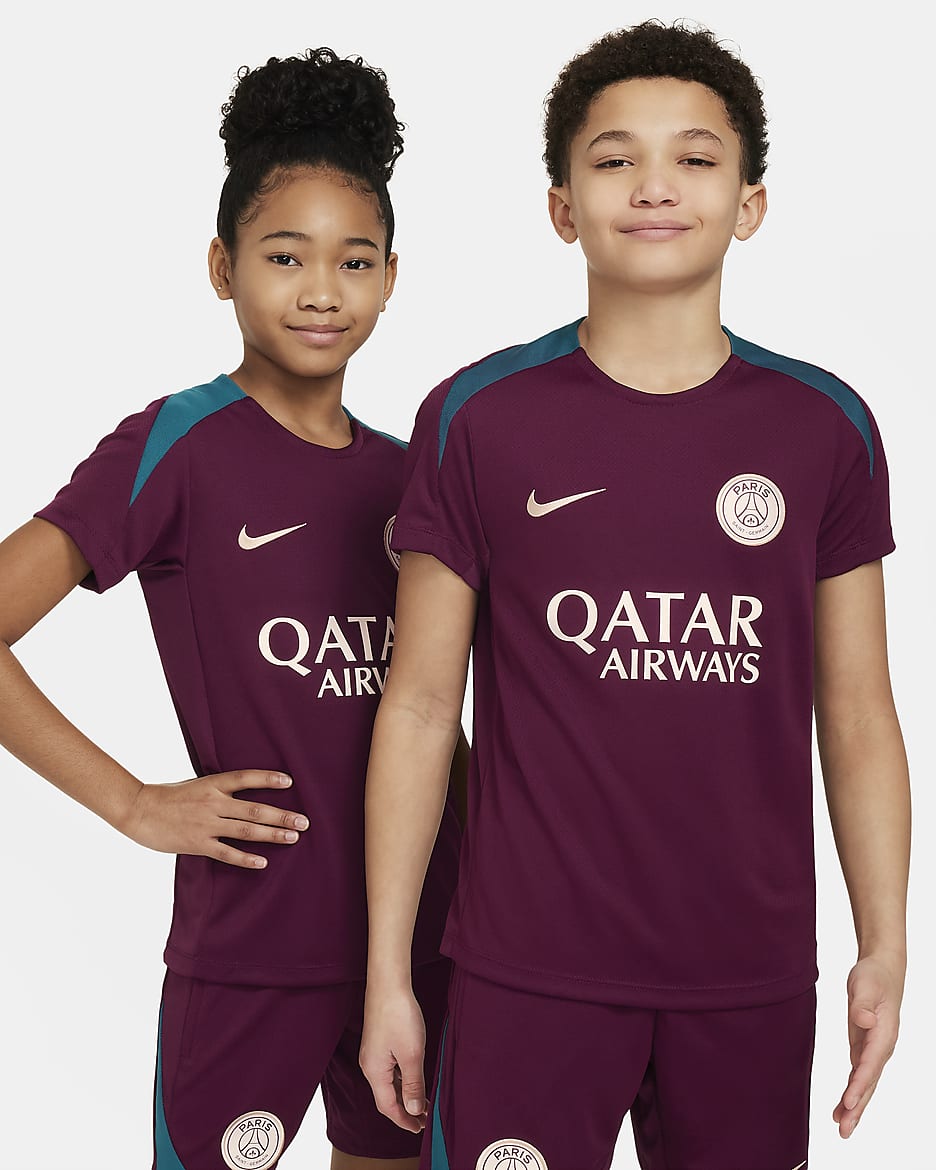 Paris Saint-Germain Strike Nike Dri-FIT knit voetbaltop met korte mouwen voor kids - Bordeaux/Bordeaux/Geode Teal/Guava Ice