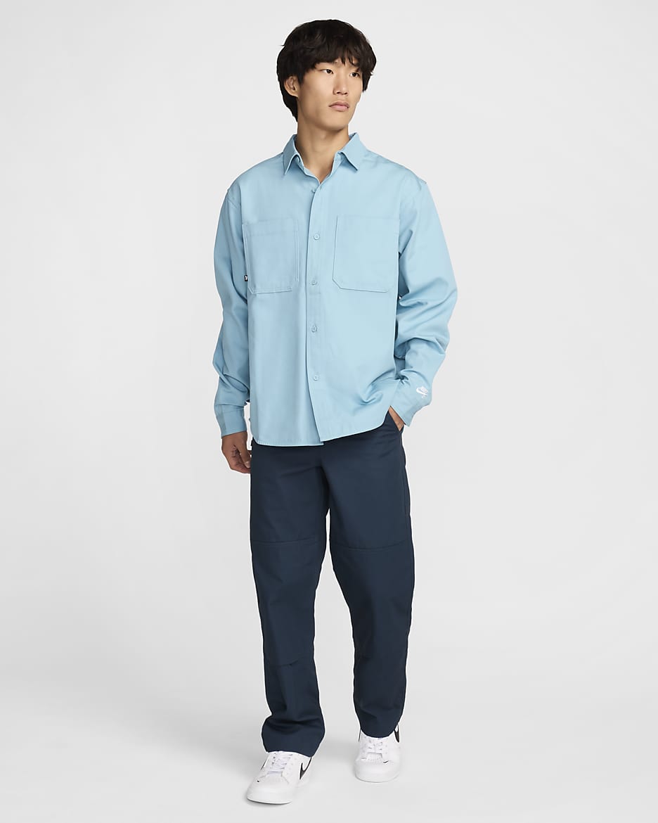 Nike SB Long-Sleeve Woven Skate Top - Denim Turquoise/White