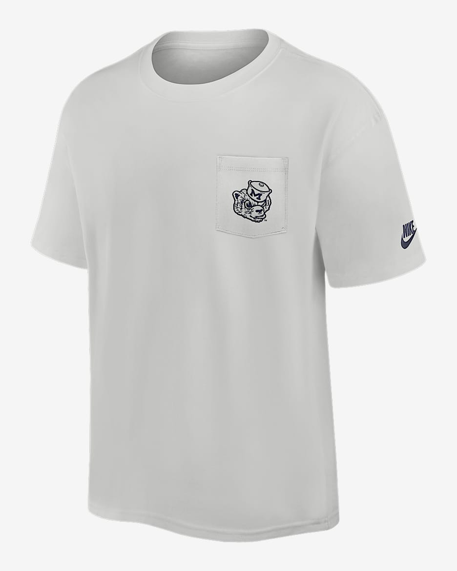 Playera universitaria Nike para hombre Michigan Legacy Max90 Pocket 2-Hit - Polvo fotón