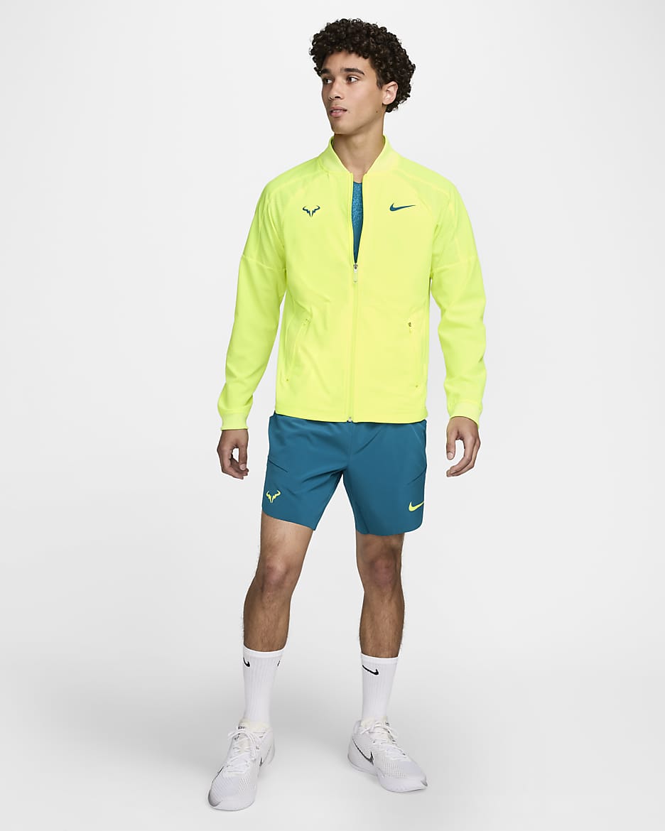 Chamarra de tenis para hombre Nike Dri-FIT Rafa - Volt/Azul verdoso geoda