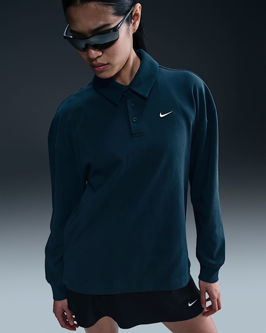 Nike Sportswear Essential Women's Oversized Long-Sleeve Polo - Armory Navy/Sail