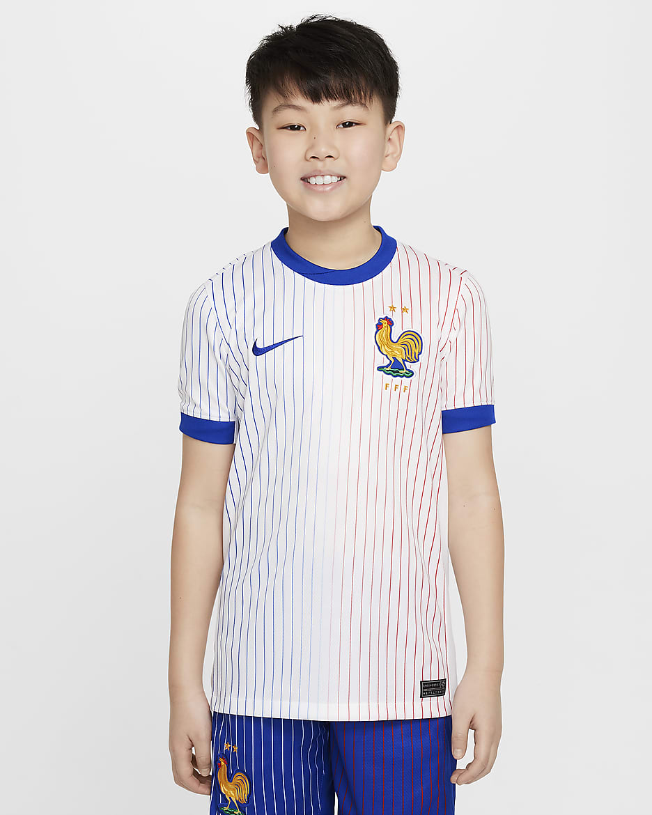 FFF (Men's Team) 2024/25 Stadium Away Older Kids' Nike Dri-FIT Football Replica Shirt - White/Bright Blue/University Red/Bright Blue