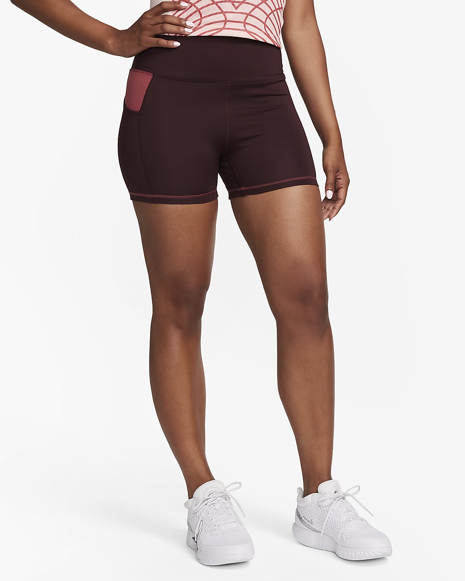 Nike Dri-FIT SE Women's High-Waisted 4" Shorts with Pockets - Burgundy Crush/Cedar