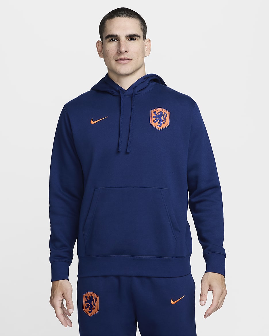 Netherlands Club Men's Nike Football Pullover Hoodie - Blue Void/Safety Orange