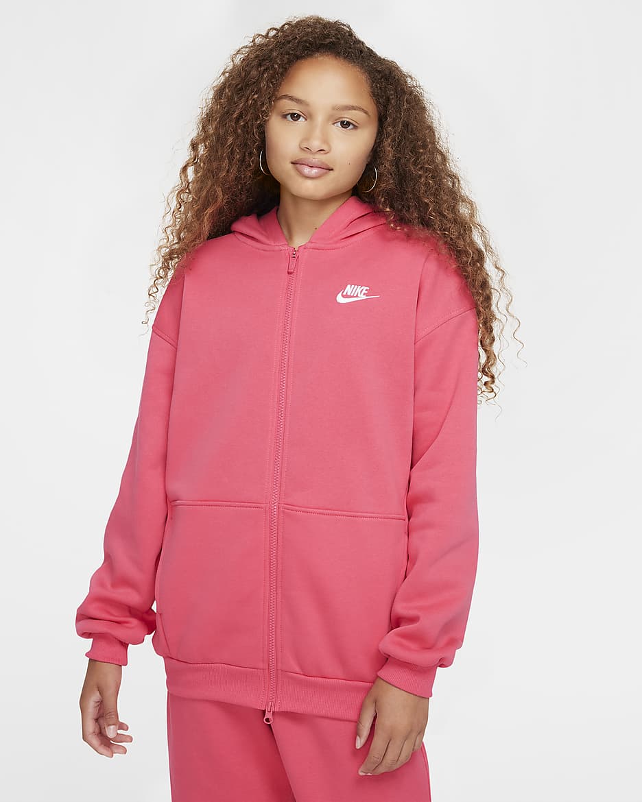 Nike Sportswear Club Fleece Big Kids' Oversized Full-Zip Hoodie - Aster Pink/White