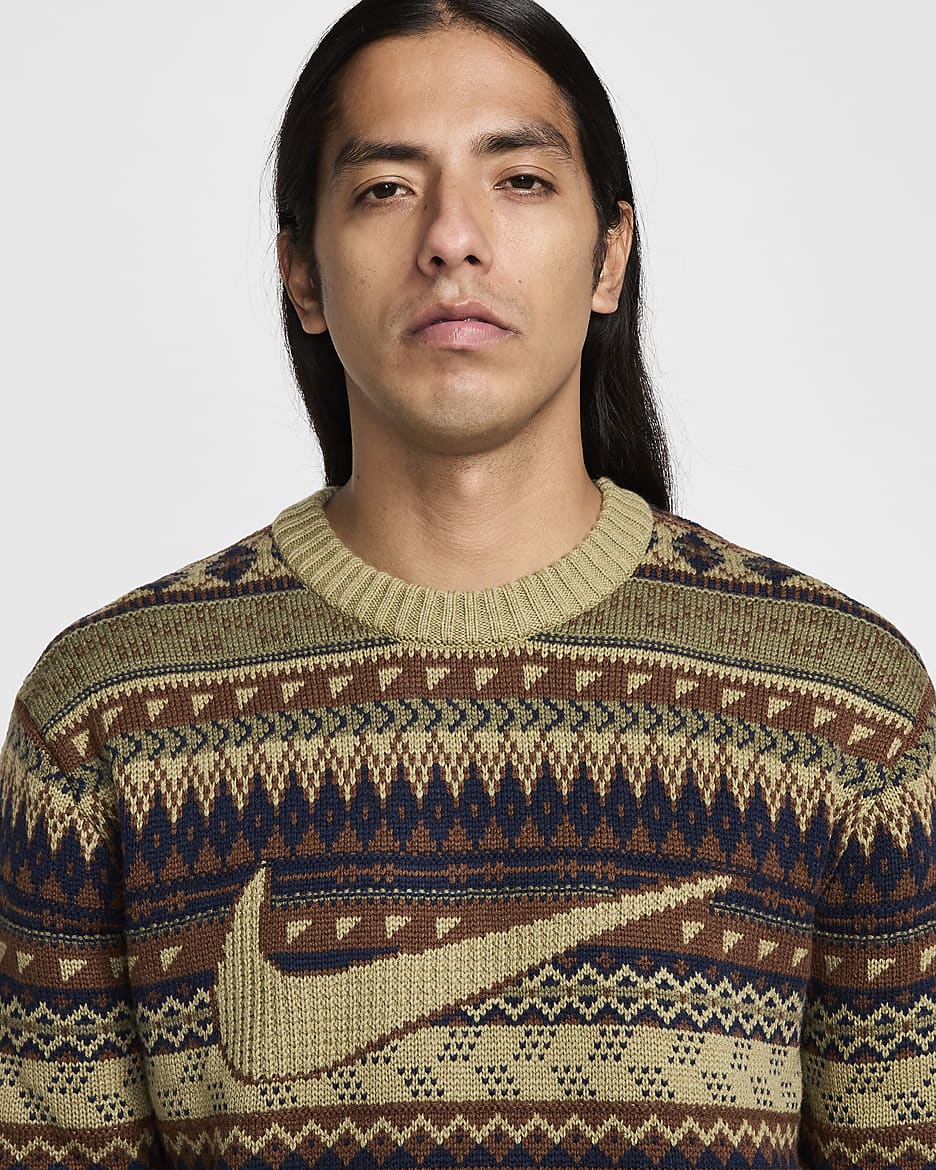 Nike Life Men's Fair Isle Swoosh Jumper - Neutral Olive