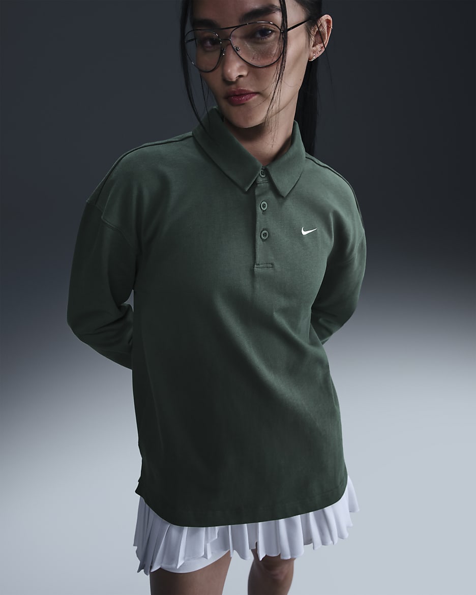 Nike Sportswear Essential Women's Oversized Long-Sleeve Polo - Vintage Green/Sail