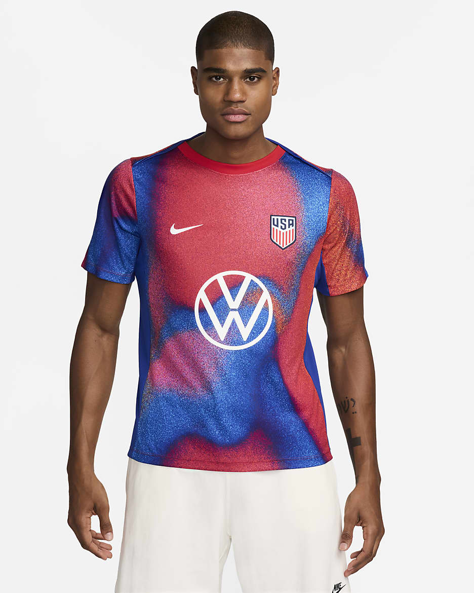 Playera de fútbol de manga corta Nike Dri-FIT para antes del partido para hombre USMNT Academy Pro - Blanco/Azul eléctrico/Azul eléctrico/Blanco