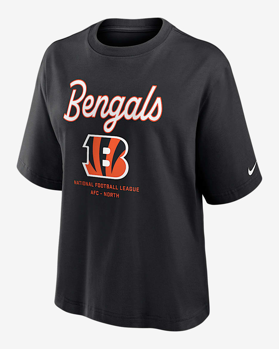 Playera Nike de la NFL para mujer Cincinnati Bengals Essential Script Boxy - Negro