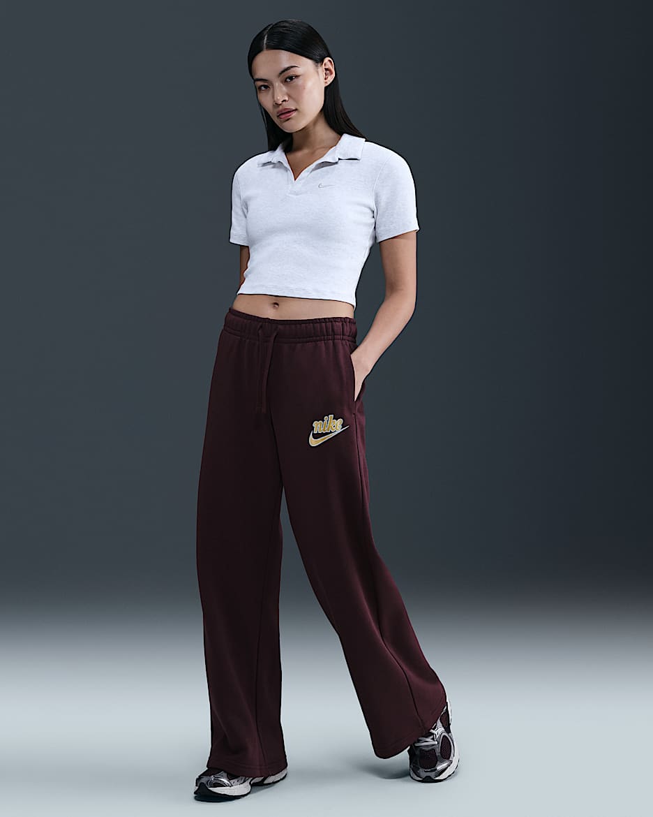 Nike Sportswear Club Fleece Women's Mid-Rise Wide-Leg Pants - Burgundy Crush/Metallic Gold