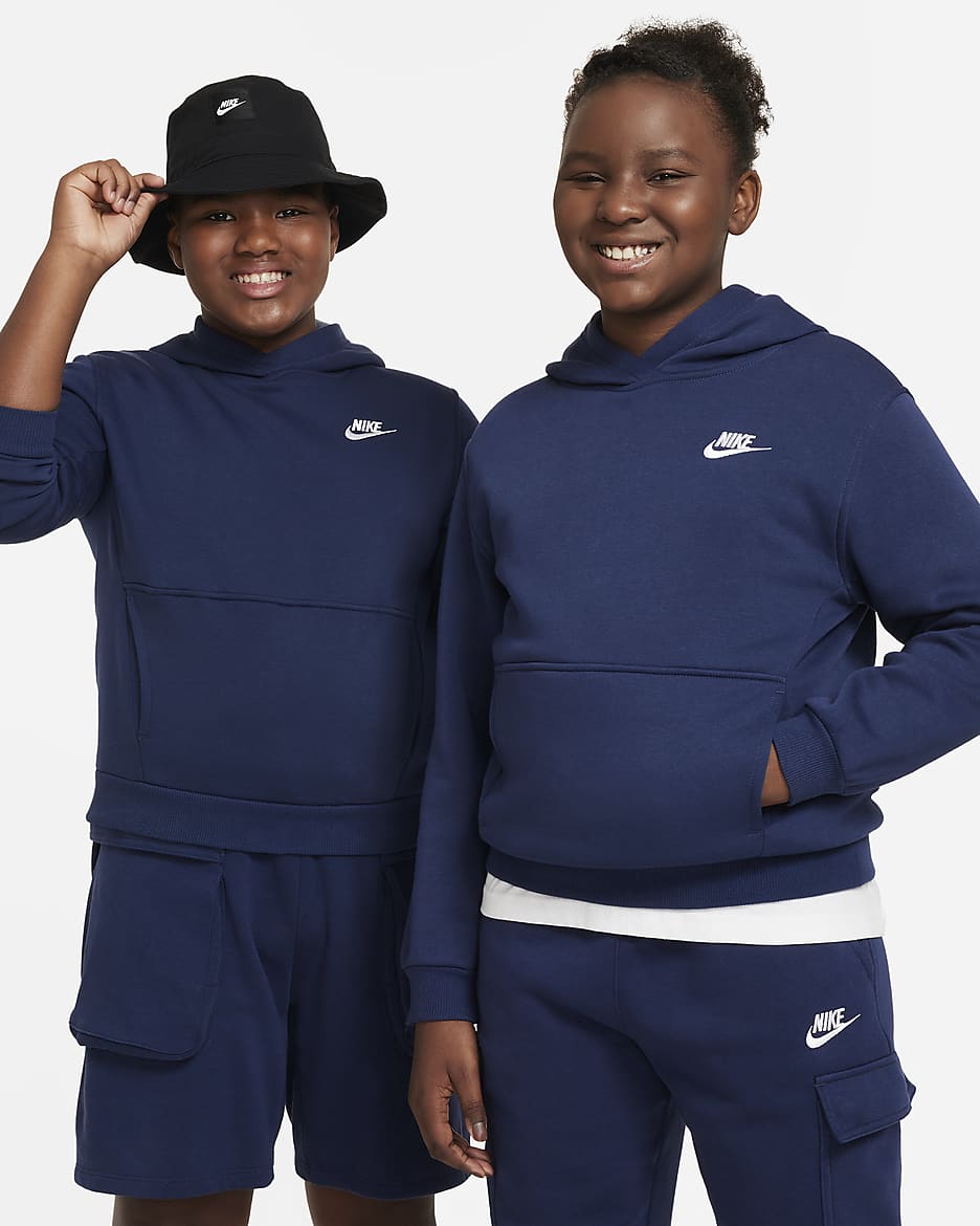 Nike Sportswear Club Fleece Big Kids' Pullover Hoodie (Extended Size) - Midnight Navy/White