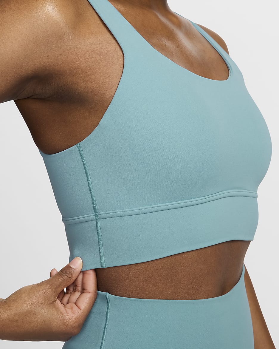 Bra deportivo de media sujeción de corte largo con almohadillas para mujer Nike Zenvy - Denim turquesa/Blanco