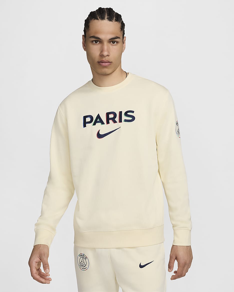 Paris Saint-Germain Club Men's Nike Football French Terry Crew-Neck Sweatshirt - Coconut Milk/Midnight Navy