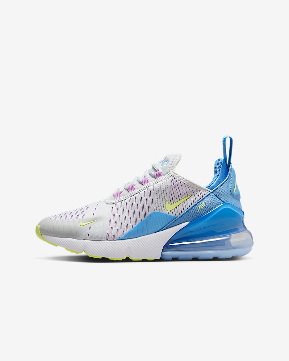 Tenis para niños grandes Nike Air Max 270 - Platino puro/Fucsia enérgico/Azul extremo/Toque de limón claro