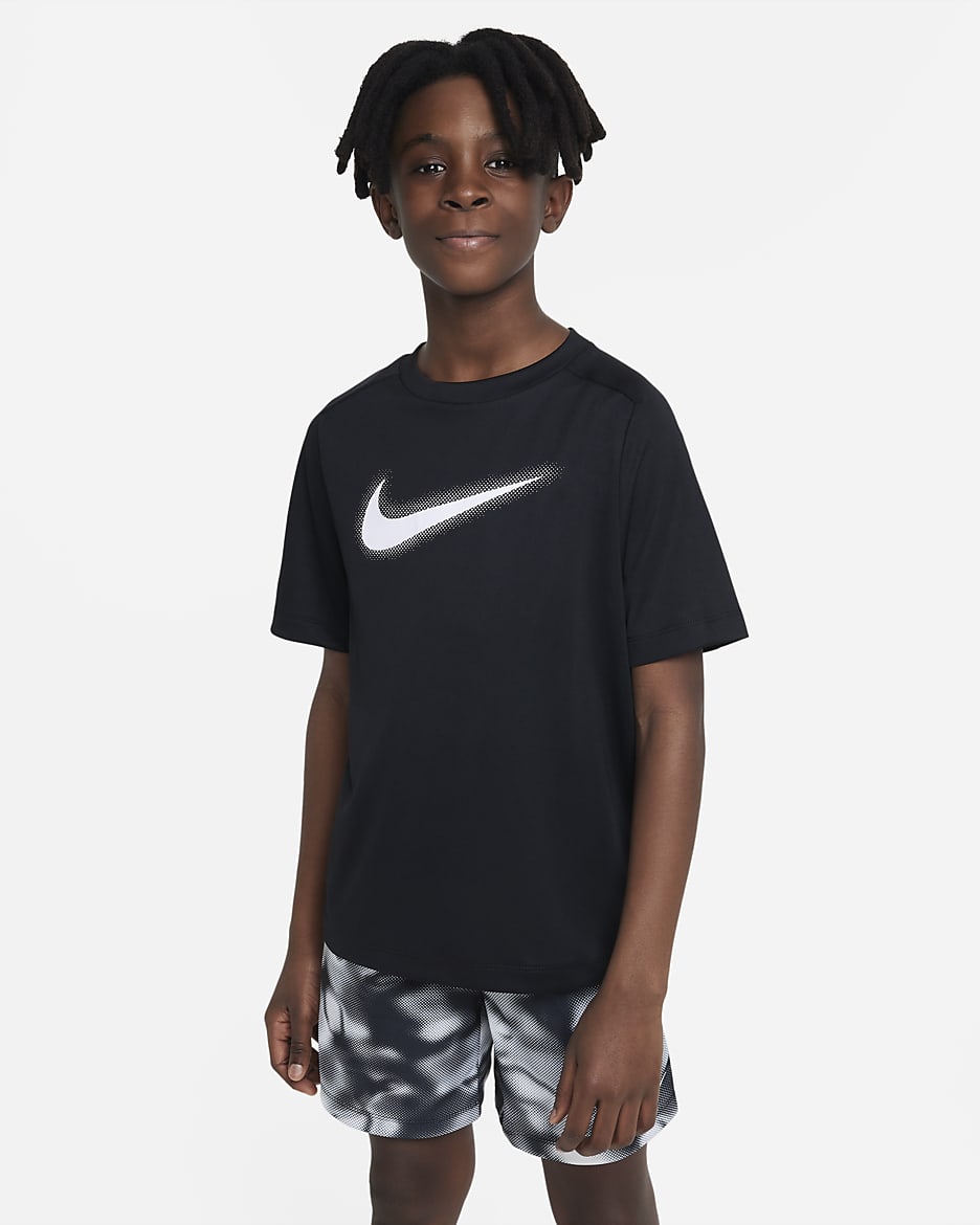 Nike Multi Dri-FIT Trainingsoberteil mit Grafik für ältere Kinder (Jungen) - Schwarz/Weiß