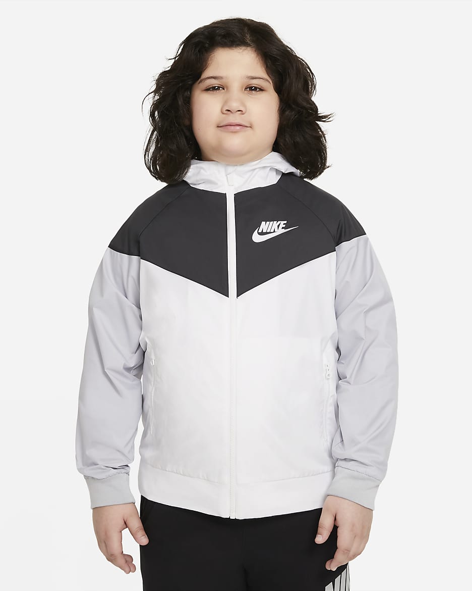 Nike Sportswear Windrunner Older Kids' (Boys') Loose Hip-Length Hooded Jacket (Extended Size) - White/Black/Wolf Grey/White