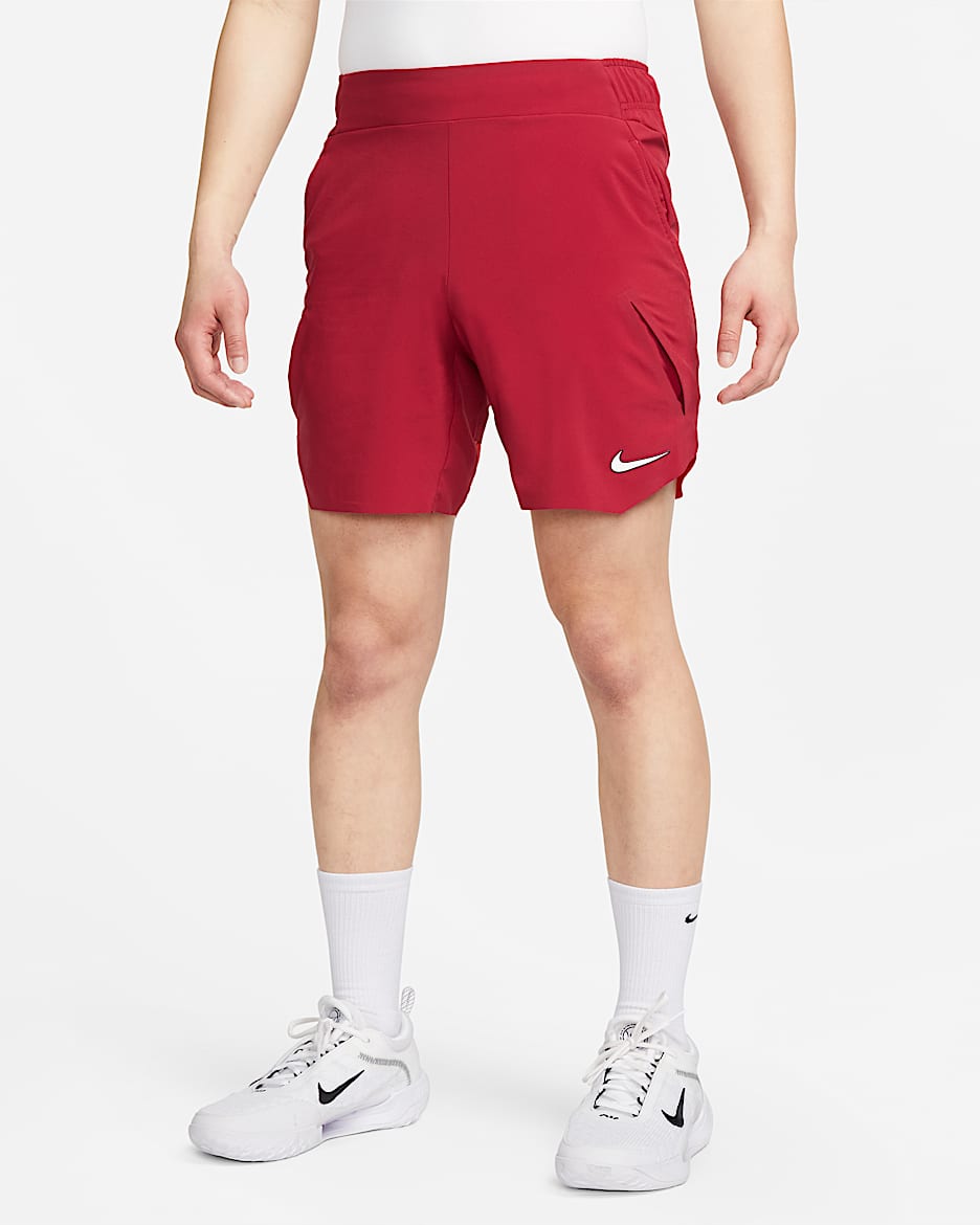 NikeCourt Dri-FIT Slam 男款網球短褲 - Noble Red/Ember Glow/白色