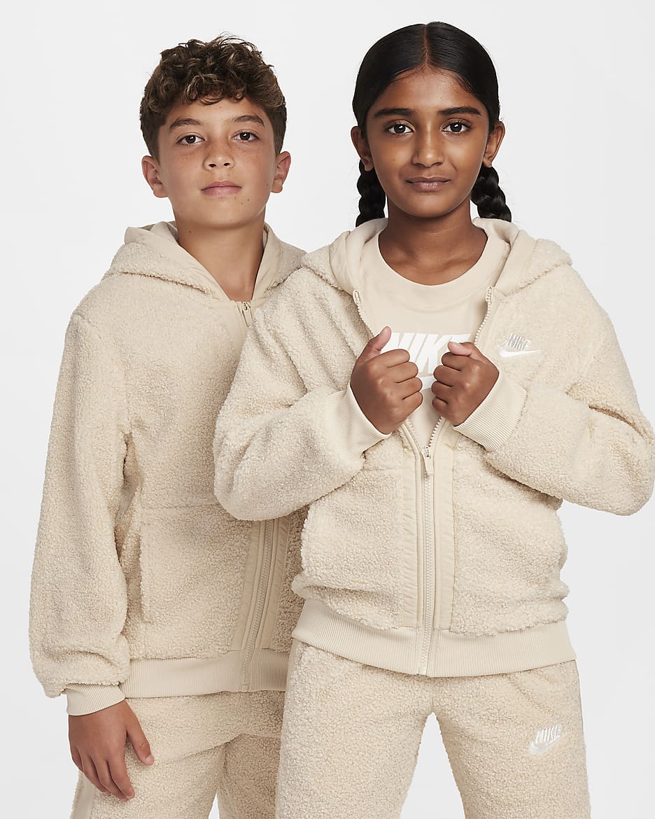 Nike Sportswear Club Fleece Big Kids' Full-Zip Winterized Hoodie - Sanddrift/Sanddrift/White