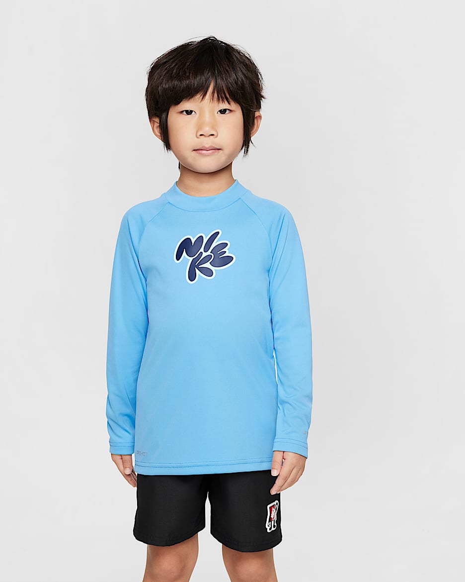 Playera de manga larga para niños talla pequeña Nike Swim Hydroguard - Azul universitario/Azul marino medianoche/Azul glacial/Blanco