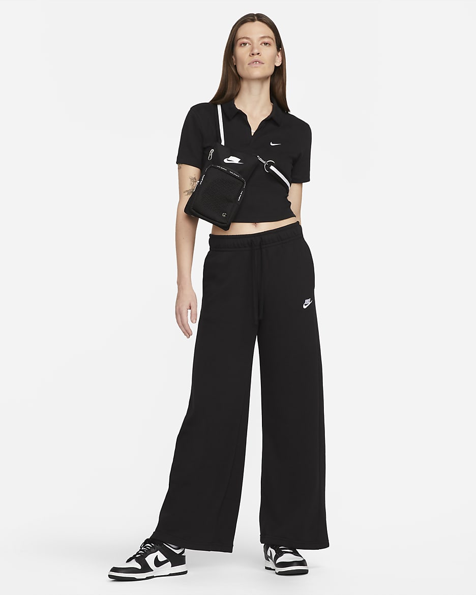 Pants de entrenamiento de piernas anchas de tiro medio para mujer Nike Sportswear Club Fleece - Negro/Blanco