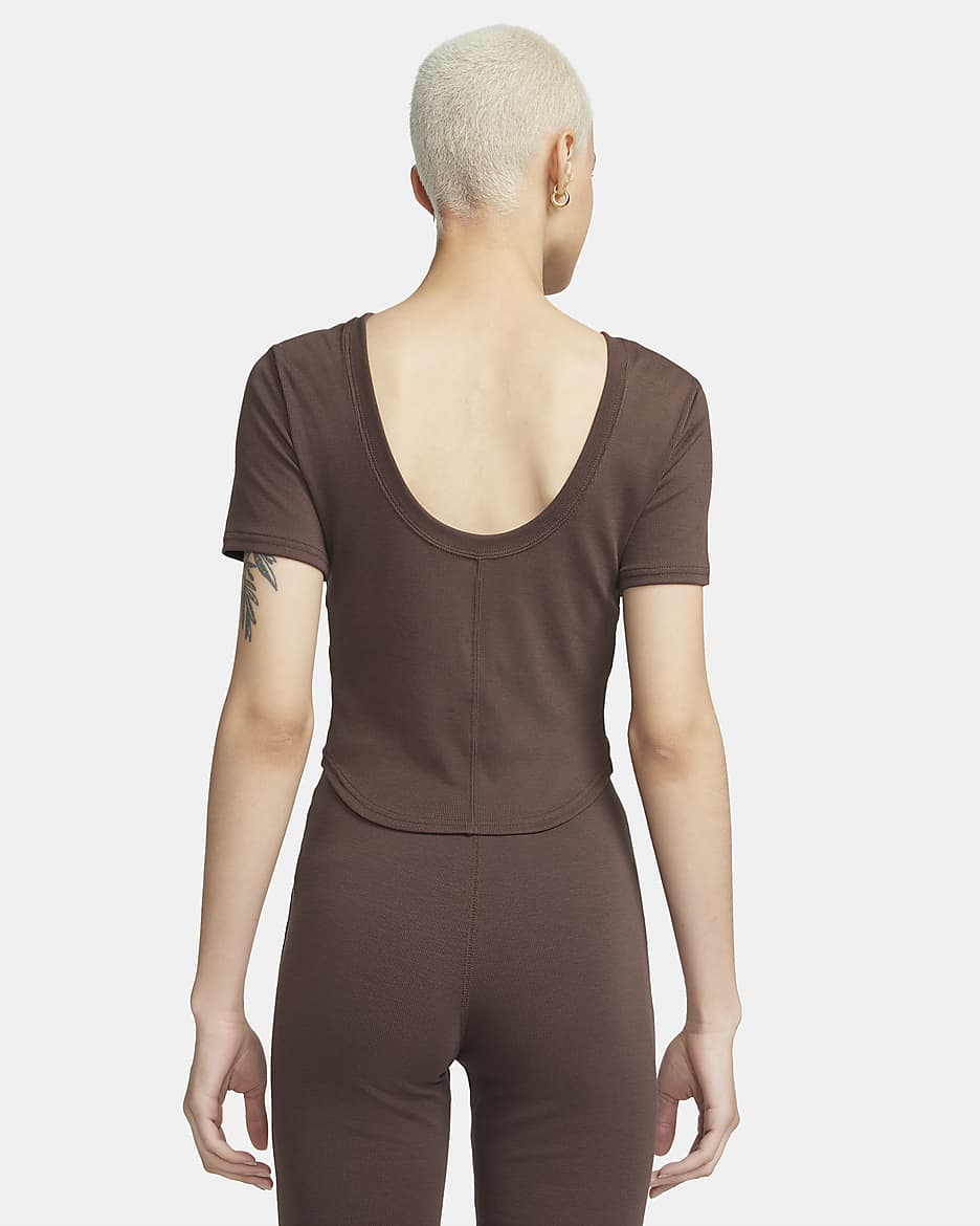 Nike Sportswear Chill Knit Women's Tight Scoop-Back Short-Sleeve Mini-Rib Top - Baroque Brown/Sail