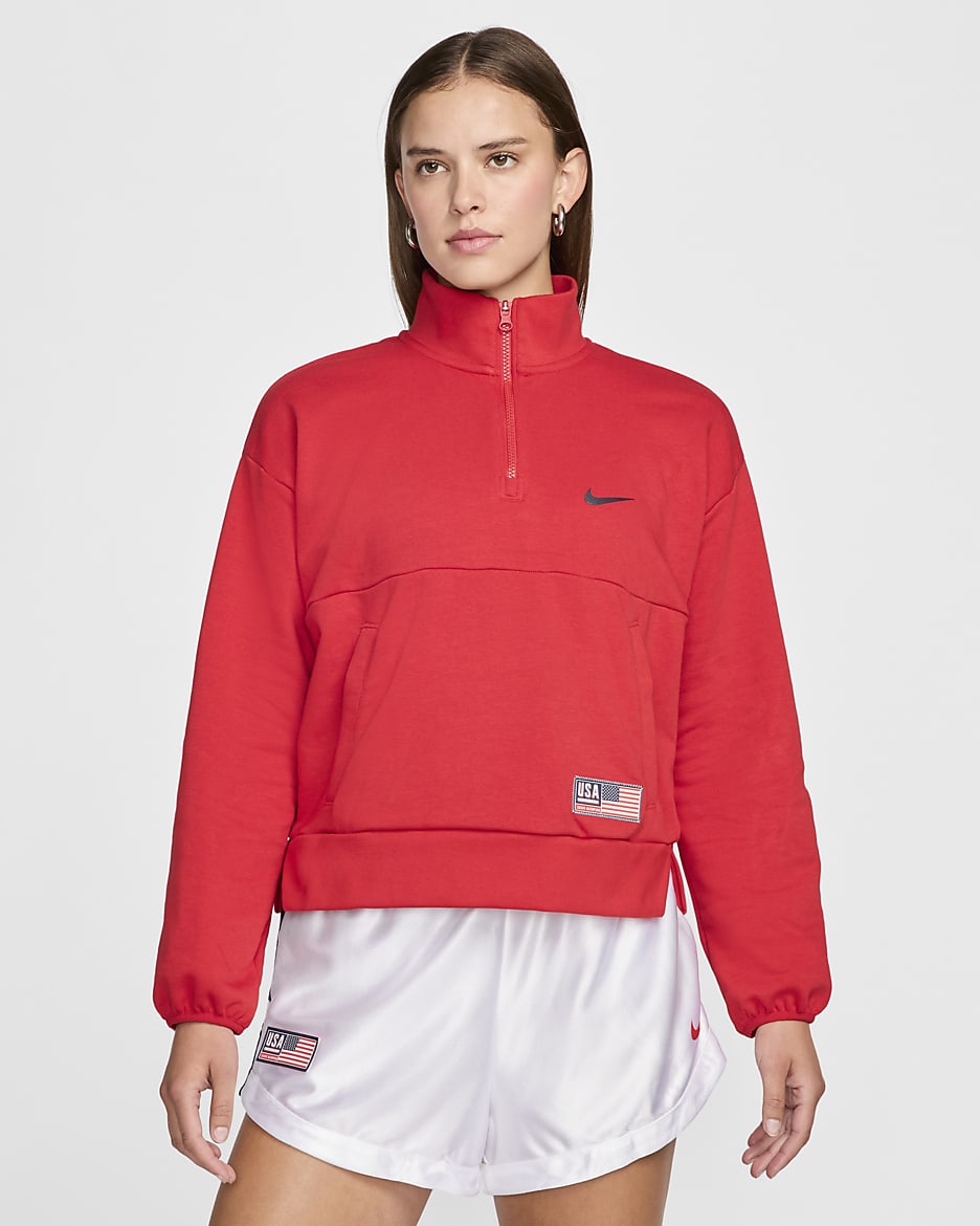 USA Village Women's Nike Basketball 1/2-Zip Fleece Sweatshirt - Sport Red/Obsidian