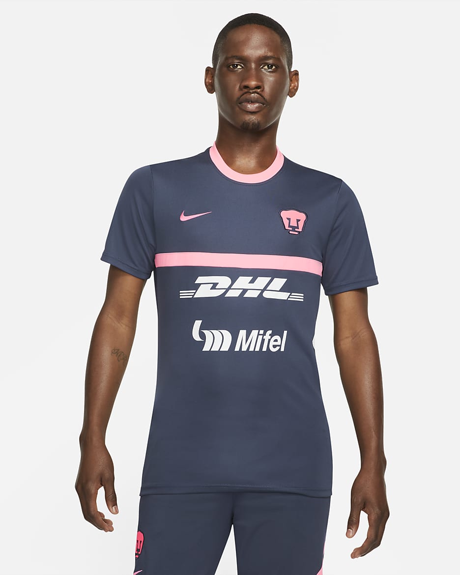 Pumas UNAM Academy Pro Men's Nike Dri-FIT Short-Sleeve Soccer Top - Thunder Blue/Sunset Pulse/Sunset Pulse