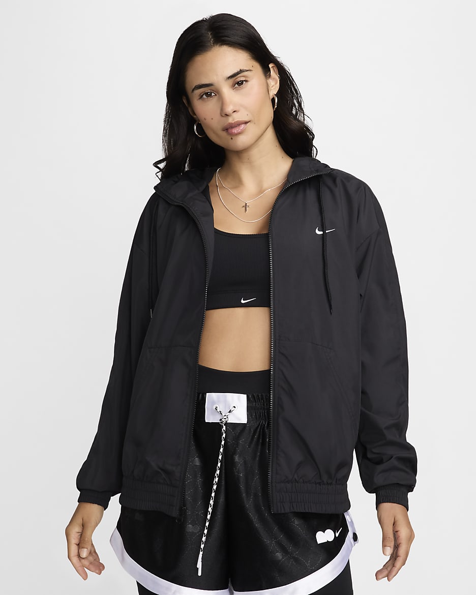Chamarra con gorro de ajuste holgado para mujer UV Nike Sportswear Classic Wovens - Negro/Blanco