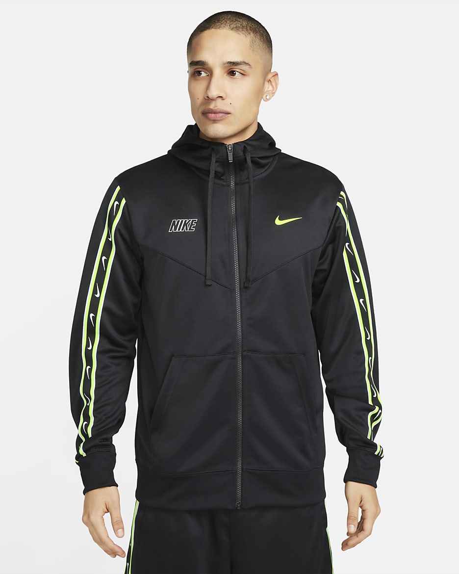 Huvtröja med hellång dragkedja Nike Sportswear Repeat för män - Svart/Svart/Volt