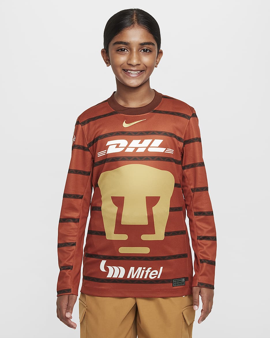 Jersey de fútbol Nike Dri-FIT Replica de los Pumas UNAM portero 2024/25 Stadium para niños talla grande - Naranja leña/Marrón buey/Marrón terciopelo/Oro genuino
