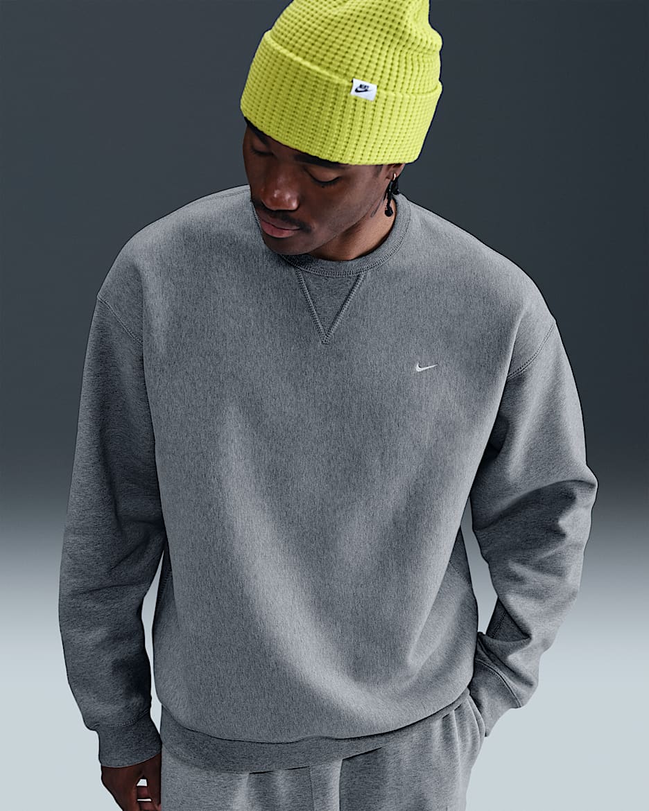 Nike Solo Swoosh Erkek Fleece Crew Üst - Dark Grey Heather/Beyaz