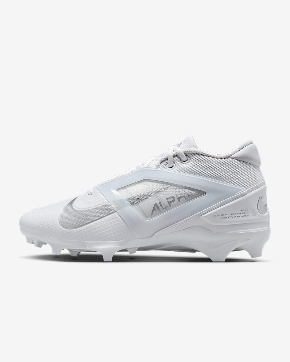 Tacos de fútbol americano Nike Alpha Menace Pro 4 - Blanco/Plata metalizado