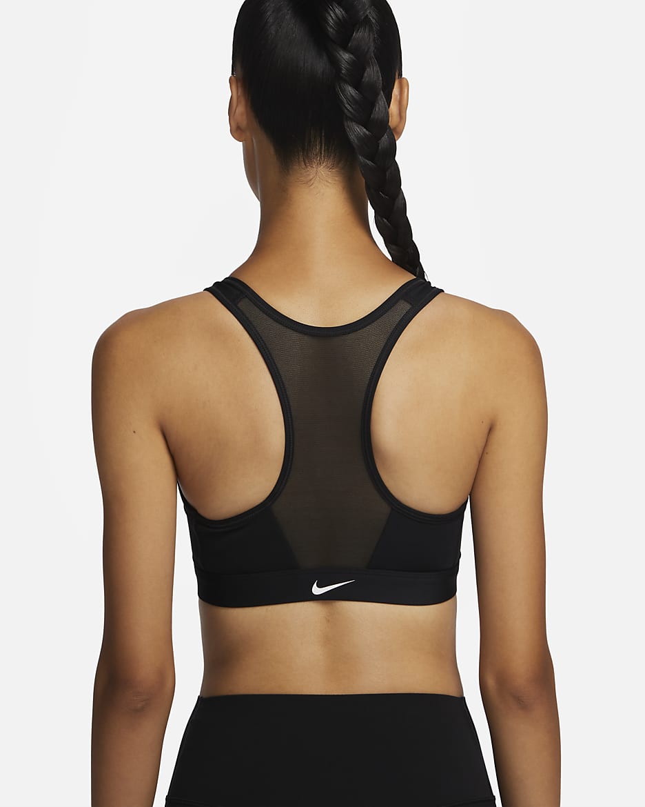 สปอร์ตบราซัพพอร์ตระดับกลางเสริมฟองน้ำซิปหน้าผู้หญิง Nike Swoosh - ดำ/ดำ/ขาว